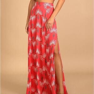 Lulus Trancoso Coral Maxi Skirt Floral Print Double Slits Women's Size Small